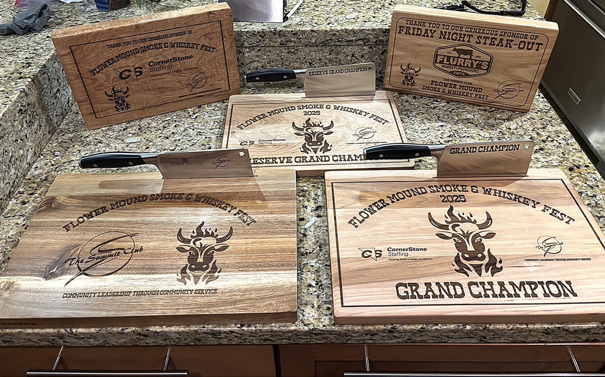 Custom made cutting boards and engraved cleavers for contest winners.  @FlowerMoundSmokefest